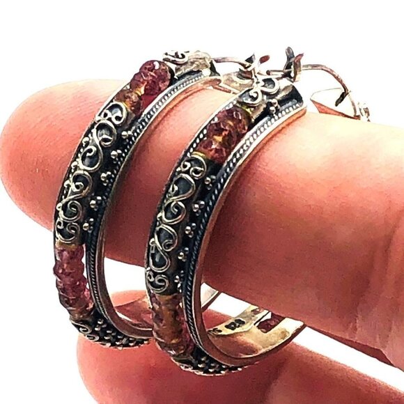BIG Suarti BA Bali Large Pink Gemstone 1 Inch Sterling Silver Hoop Earrings